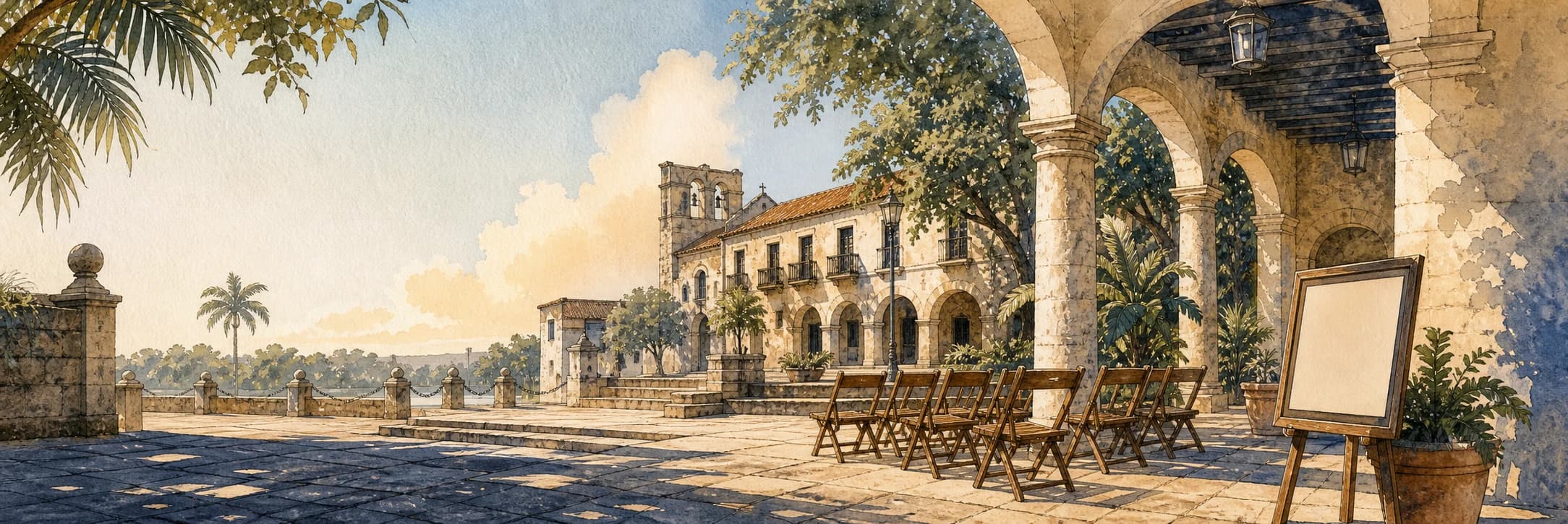 Ilustración editorial de un encuentro en una plaza de la Ciudad Colonial