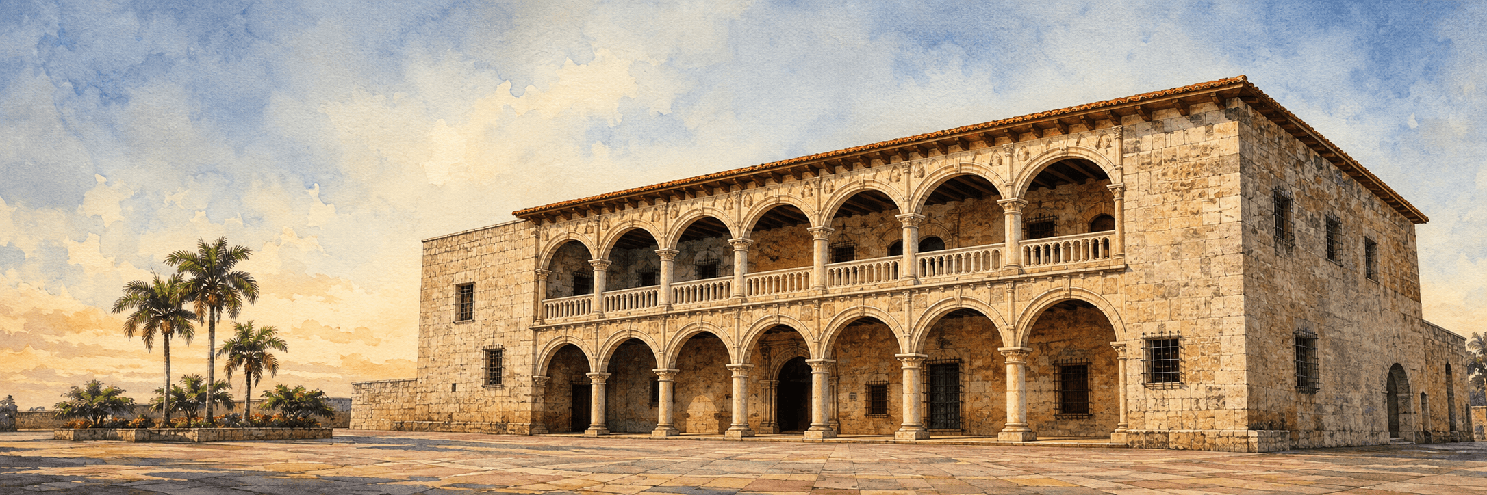 Ilustración editorial del Alcázar de Colón frente a la Plaza de España en Santo Domingo